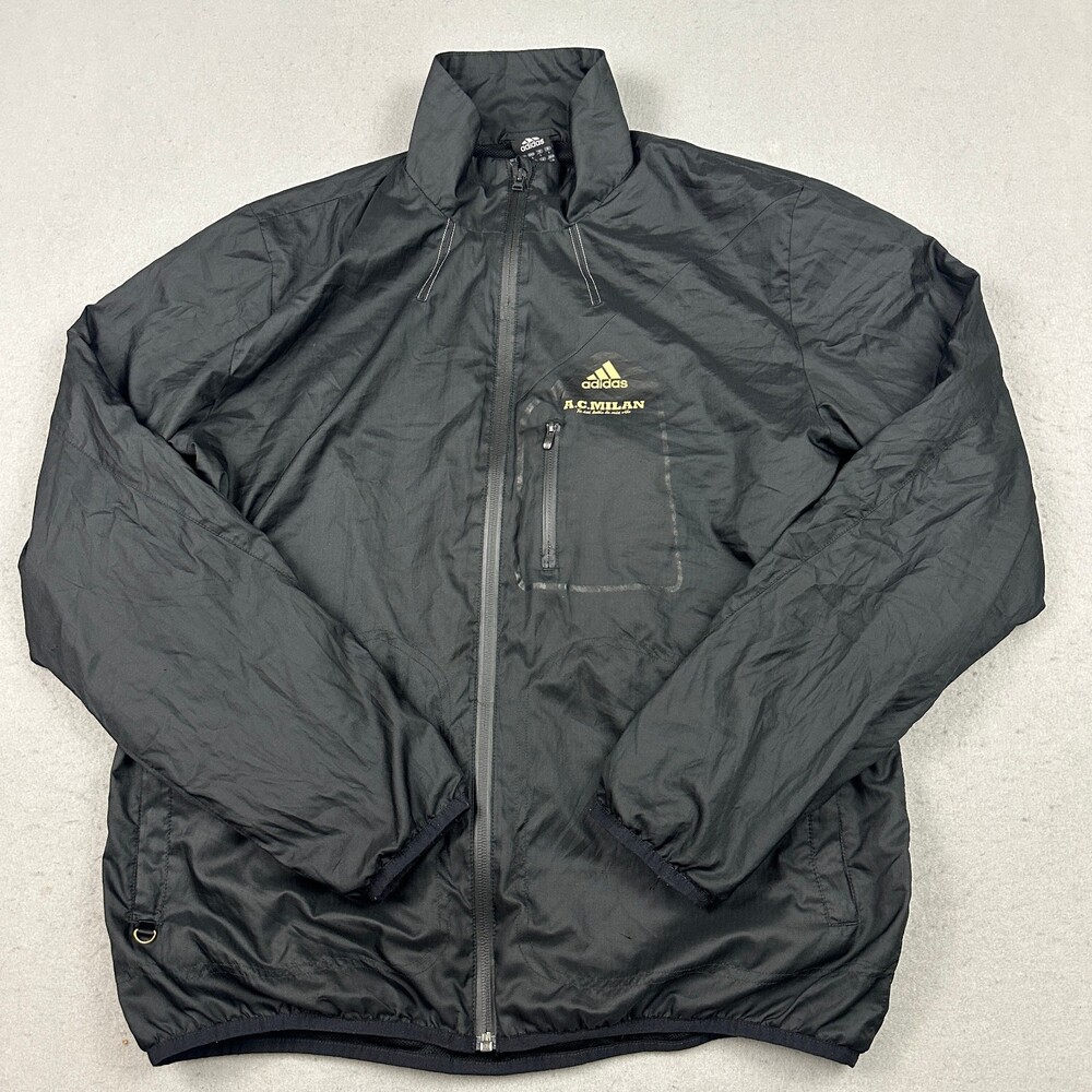 A.C. Milan Jacket Men Large Black Solid Adidas Full Zip Training Windbreaker MLS